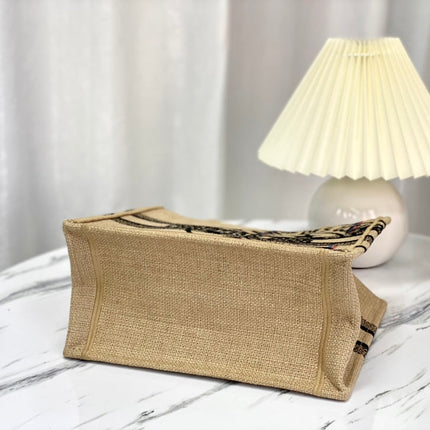 SHOPPING BAG 26 IN BEIGE AND BLACK EMBROIDERED CANVAS