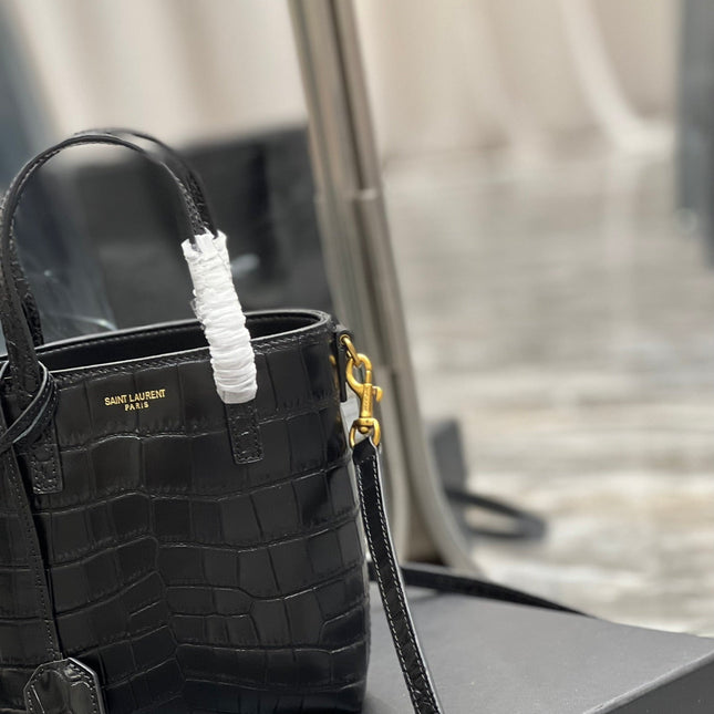 MINI TOY SHOPPING 18 IN CROCODILE-EMBOSSED BLACK CALFSKIN