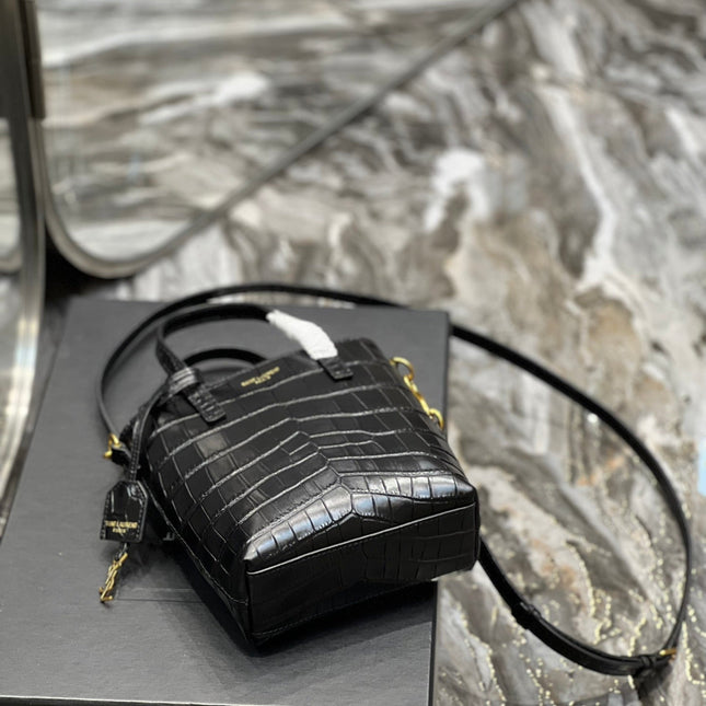 MINI TOY SHOPPING 18 IN CROCODILE-EMBOSSED BLACK CALFSKIN
