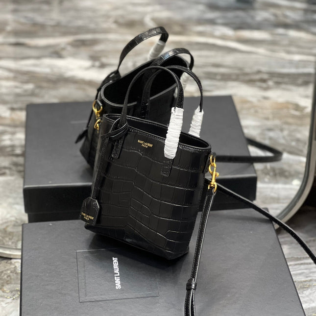 MINI TOY SHOPPING 18 IN CROCODILE-EMBOSSED BLACK CALFSKIN