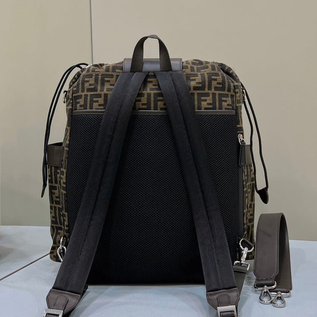 FENDI STRIKE LARGE 46 FF MOCHA BROWN JACQUARD FABRIC BACKPACK