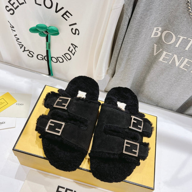 FENDI DAD SANDAL MULE IN BLACK SUEDE WITH FLEECE WITH GOLD HARDWARE