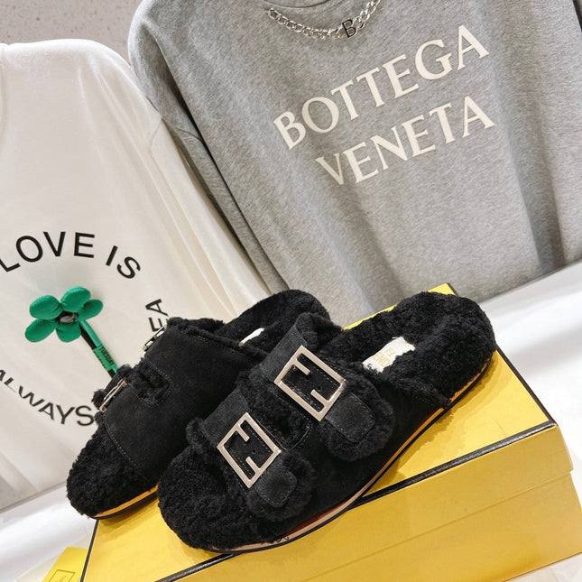 FENDI DAD SANDAL MULE IN BLACK SUEDE WITH FLEECE WITH GOLD HARDWARE