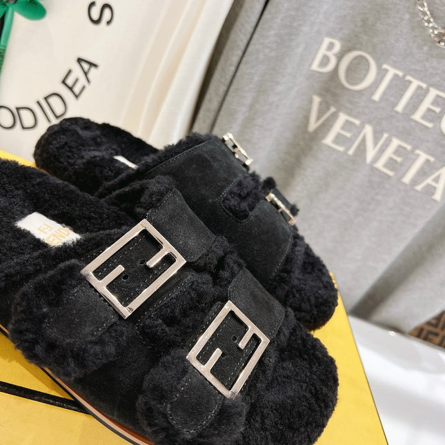 FENDI DAD SANDAL MULE IN BLACK SUEDE WITH FLEECE WITH GOLD HARDWARE