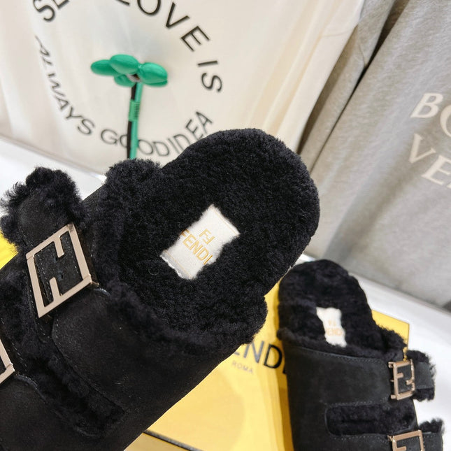 FENDI DAD SANDAL MULE IN BLACK SUEDE WITH FLEECE WITH GOLD HARDWARE