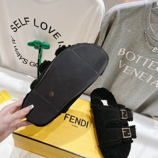 FENDI DAD SANDAL MULE IN BLACK SUEDE WITH FLEECE WITH GOLD HARDWARE