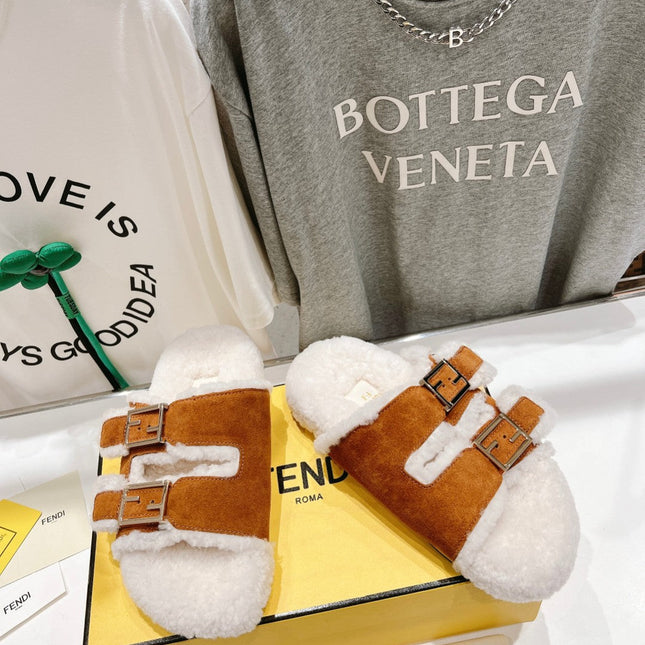 FENDI DAD SANDAL MULE IN BRONZE BROWN SUEDE WITH WHITE FLEECE