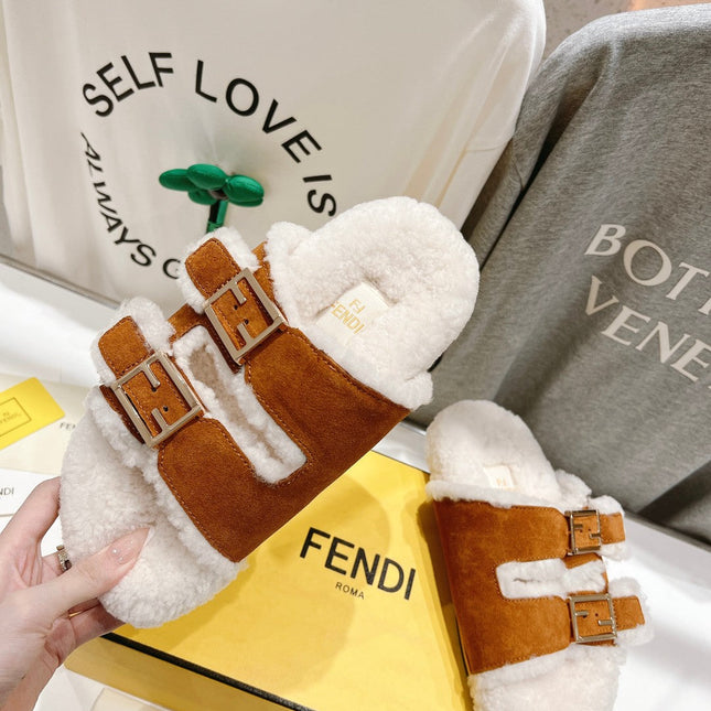 FENDI DAD SANDAL MULE IN BRONZE BROWN SUEDE WITH WHITE FLEECE