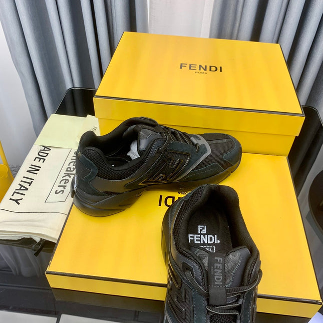 FENDI FASTER TRAINER IN BLACK CALFSKIN AND SUEDE