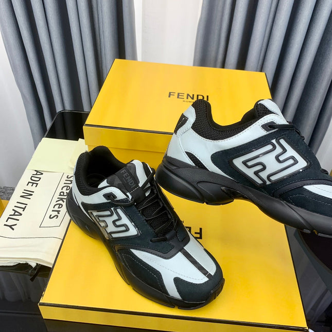FENDI FASTER TRAINER IN BLACK SUEDE MIX WHITE CALFSKIN