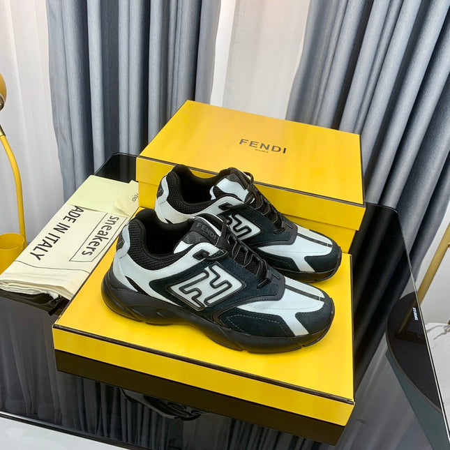 FENDI FASTER TRAINER IN BLACK SUEDE MIX WHITE CALFSKIN