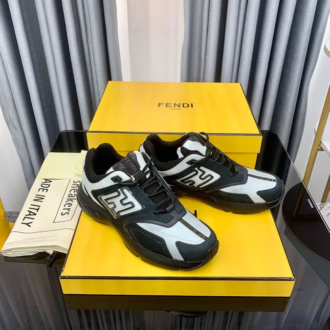 FENDI FASTER TRAINER IN BLACK SUEDE MIX WHITE CALFSKIN