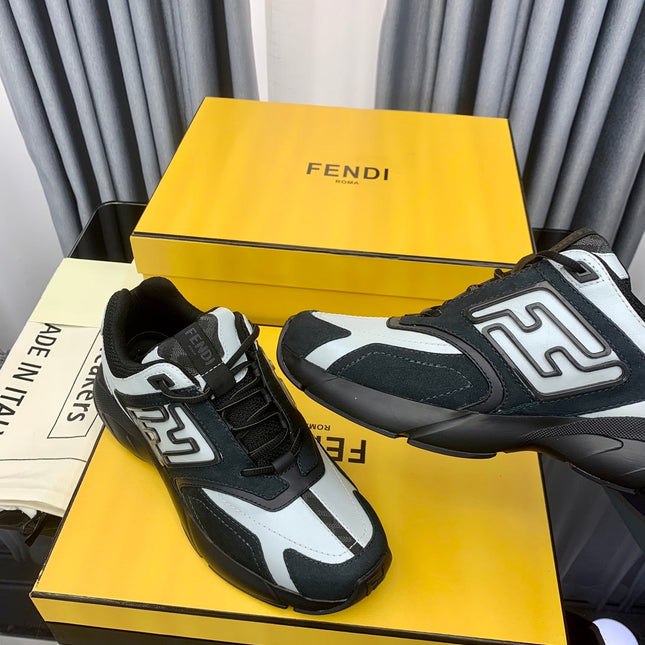 FENDI FASTER TRAINER IN BLACK SUEDE MIX WHITE CALFSKIN