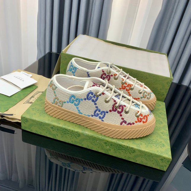 GG UNIQUE SNEAKER THICK-SOLE BEIGE CANVAS WITH PATTERN