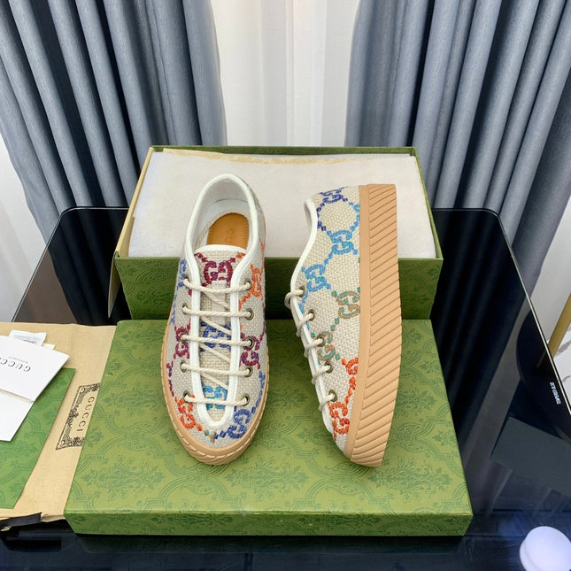 GG UNIQUE SNEAKER THICK-SOLE BEIGE CANVAS WITH PATTERN