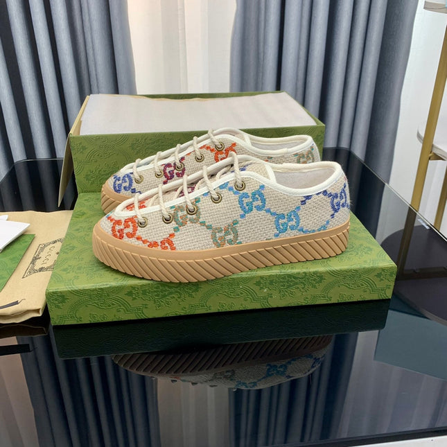GG UNIQUE SNEAKER THICK-SOLE BEIGE CANVAS WITH PATTERN