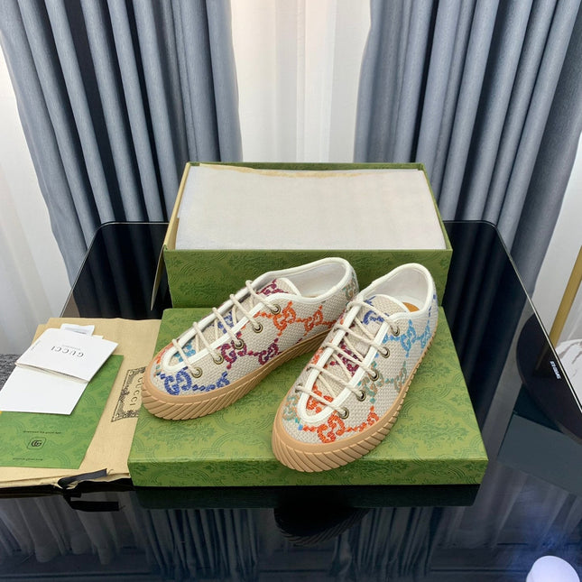 GG UNIQUE SNEAKER THICK-SOLE BEIGE CANVAS WITH PATTERN