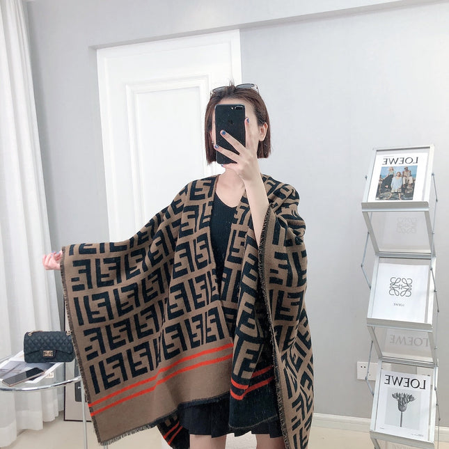 FF 140 CM PONCHO CHOCOLATE BROWN MIX BLACK WOOL AND SILK