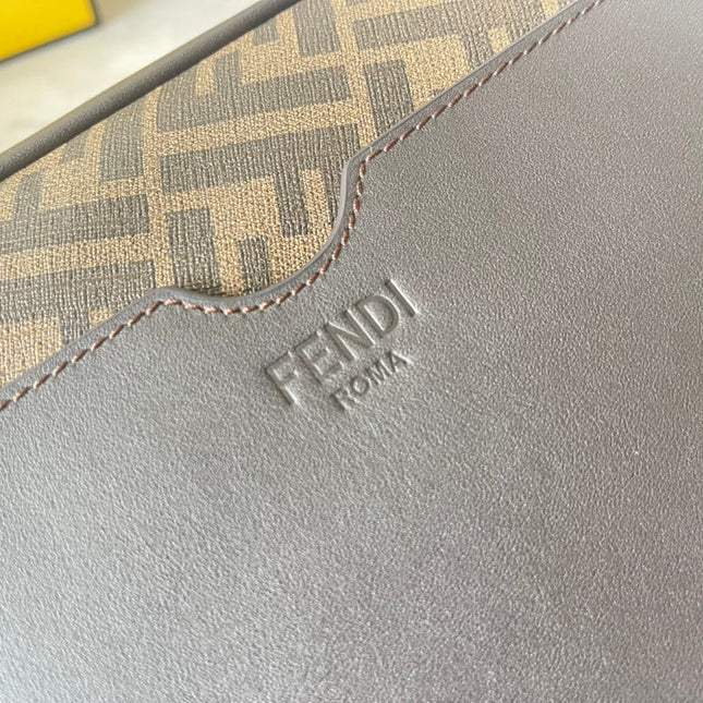 FENDI ROMA 22 CLUTCH BAG IN CHOCOLATE BROWN FF CALFSKIN SILVER HARDWARE WITH GOLDEN LOGO