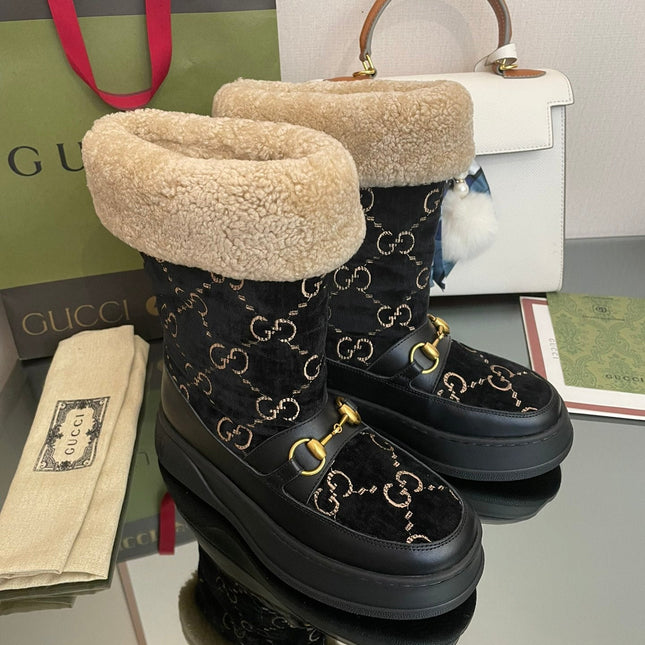 HORSEBIT SNOW ANKLE BOOTS IN BLACK MONOGRAM VELVET MIX CALFSKIN AND LAMB WOOL LINING