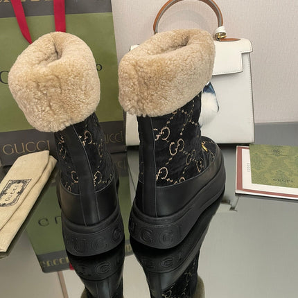 HORSEBIT SNOW ANKLE BOOTS IN BLACK MONOGRAM VELVET MIX CALFSKIN AND LAMB WOOL LINING