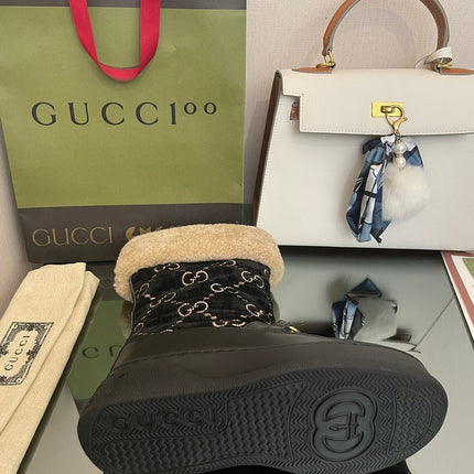 HORSEBIT SNOW ANKLE BOOTS IN BLACK MONOGRAM VELVET MIX CALFSKIN AND LAMB WOOL LINING