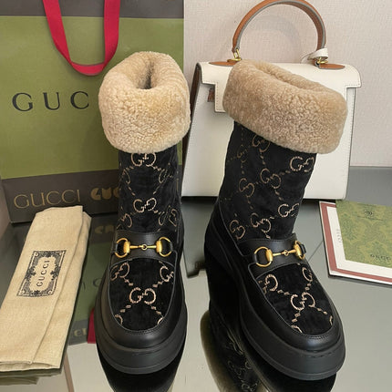 HORSEBIT SNOW ANKLE BOOTS IN BLACK MONOGRAM VELVET MIX CALFSKIN AND LAMB WOOL LINING