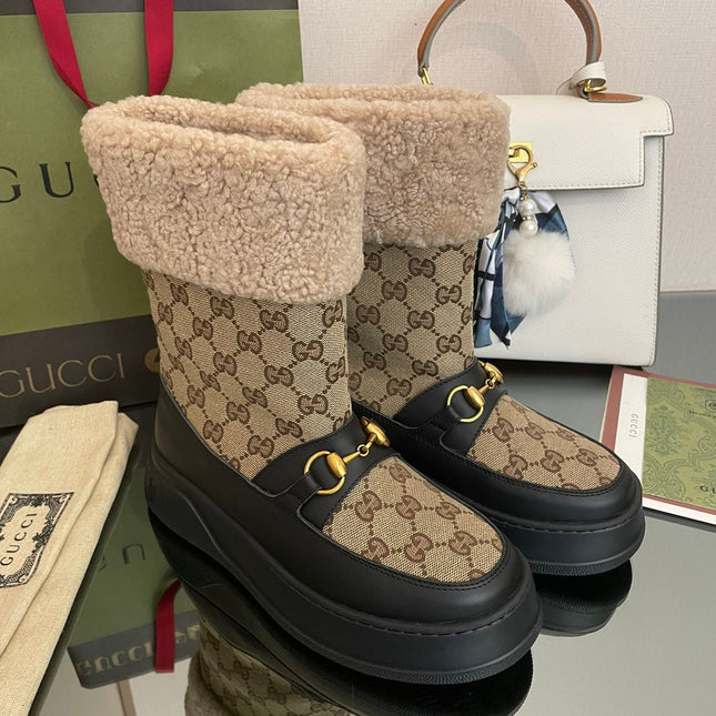 HORSEBIT SNOW ANKLE BOOTS IN ECRU BEIGE MONOGRAM JACQUARD FABRIC MIX BLACK CALFSKIN AND LAMB WOOL LINING