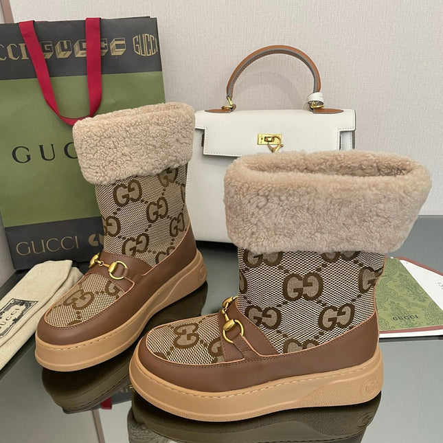 HORSEBIT SNOW ANKLE BOOTS IN ECRU BEIGE MONOGRAM JACQUARD FABRIC MIX BROWN CALFSKIN AND LAMB WOOL LINING