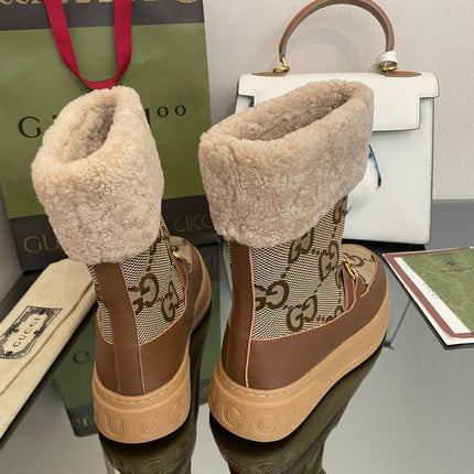 HORSEBIT SNOW ANKLE BOOTS IN ECRU BEIGE MONOGRAM JACQUARD FABRIC MIX BROWN CALFSKIN AND LAMB WOOL LINING