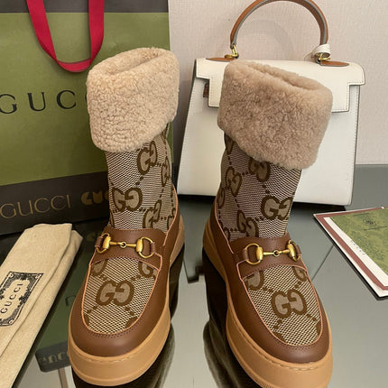 HORSEBIT SNOW ANKLE BOOTS IN ECRU BEIGE MONOGRAM JACQUARD FABRIC MIX BROWN CALFSKIN AND LAMB WOOL LINING