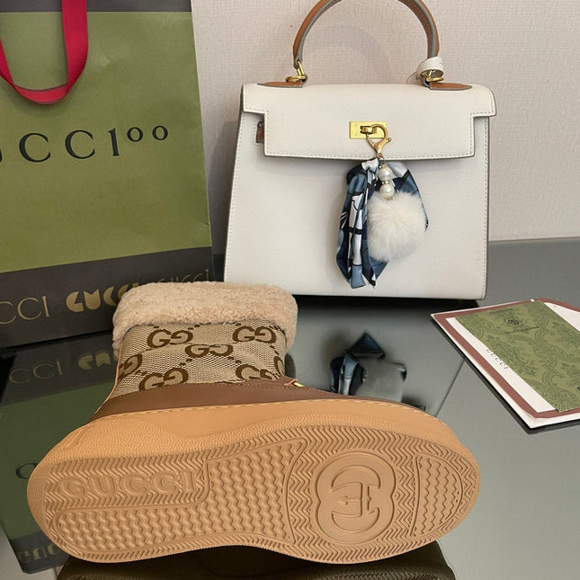 HORSEBIT SNOW ANKLE BOOTS IN ECRU BEIGE MONOGRAM JACQUARD FABRIC MIX BROWN CALFSKIN AND LAMB WOOL LINING