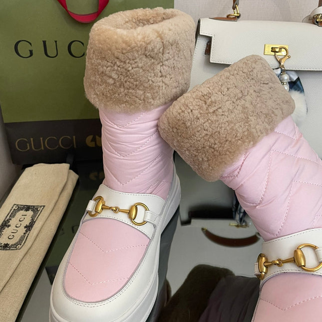 HORSEBIT ANKLE BOOTS WITH MERINO TRIM IN LIGHT PINK NYLON MIX WHITE CALFSKIN