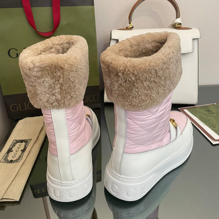 HORSEBIT ANKLE BOOTS WITH MERINO TRIM IN LIGHT PINK NYLON MIX WHITE CALFSKIN