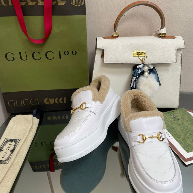 GG LOAFER IN WHITE CALFSKIN WITH BEIGE WOOL LINING