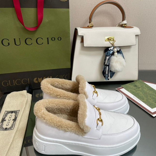 GG LOAFER IN WHITE CALFSKIN WITH BEIGE WOOL LINING
