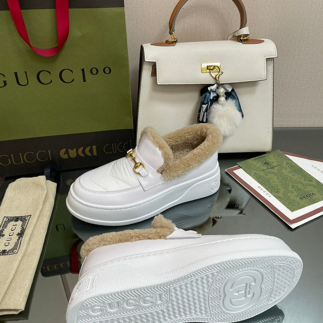 GG LOAFER IN WHITE CALFSKIN WITH BEIGE WOOL LINING