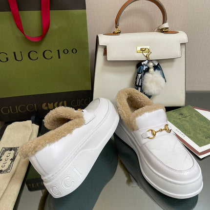 GG LOAFER IN WHITE CALFSKIN WITH BEIGE WOOL LINING