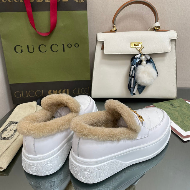 GG LOAFER IN WHITE CALFSKIN WITH BEIGE WOOL LINING