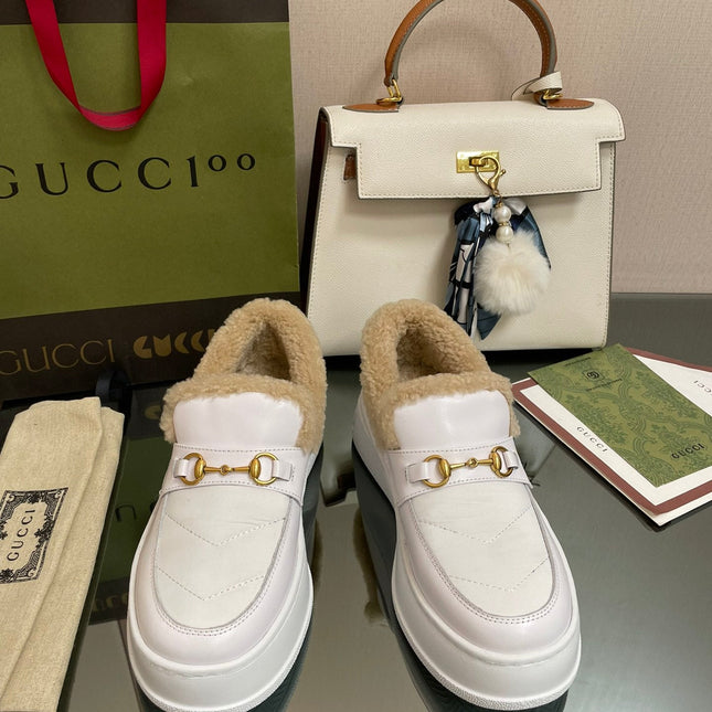 GG LOAFER IN WHITE CALFSKIN WITH BEIGE WOOL LINING