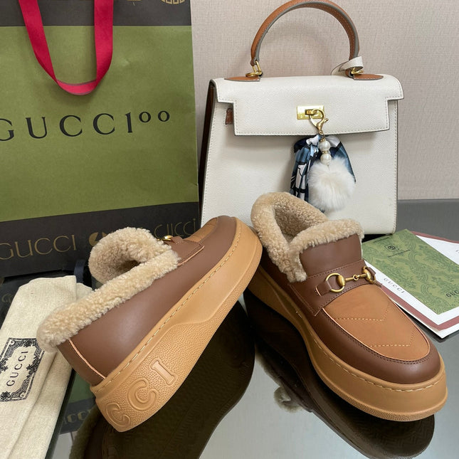 GG LOAFER IN PEANUT BROWN AND CHOCOLATE BROWN CALFSKIN WITH BEIGE WOOL LINING