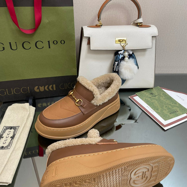 GG LOAFER IN PEANUT BROWN AND CHOCOLATE BROWN CALFSKIN WITH BEIGE WOOL LINING