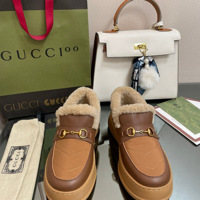 GG LOAFER IN PEANUT BROWN AND CHOCOLATE BROWN CALFSKIN WITH BEIGE WOOL LINING