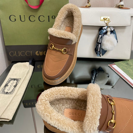 GG LOAFER IN PEANUT BROWN AND CHOCOLATE BROWN CALFSKIN WITH BEIGE WOOL LINING