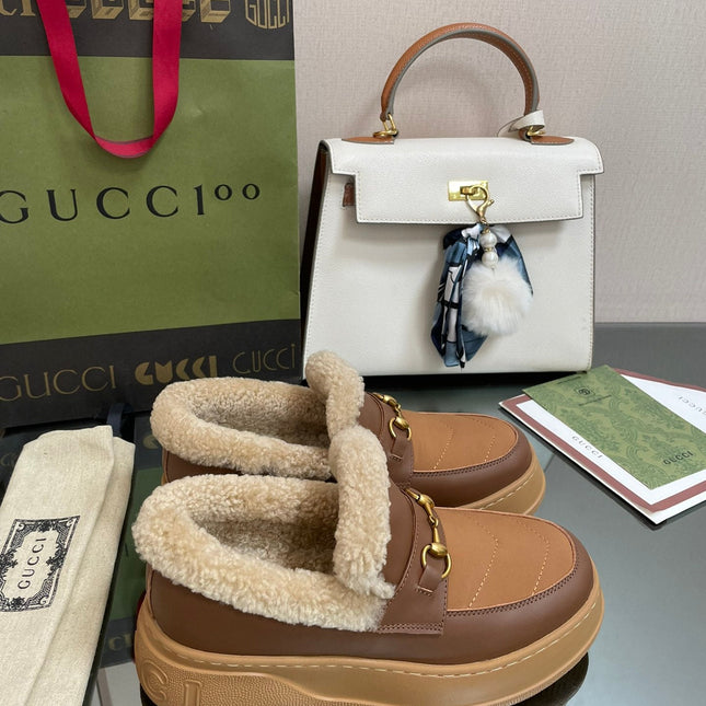 GG LOAFER IN PEANUT BROWN AND CHOCOLATE BROWN CALFSKIN WITH BEIGE WOOL LINING