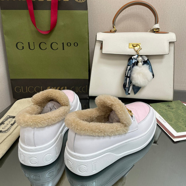 GG LOAFER IN WHITE MIX LIGHT PINK CALFSKIN WITH BEIGE WOOL LINING