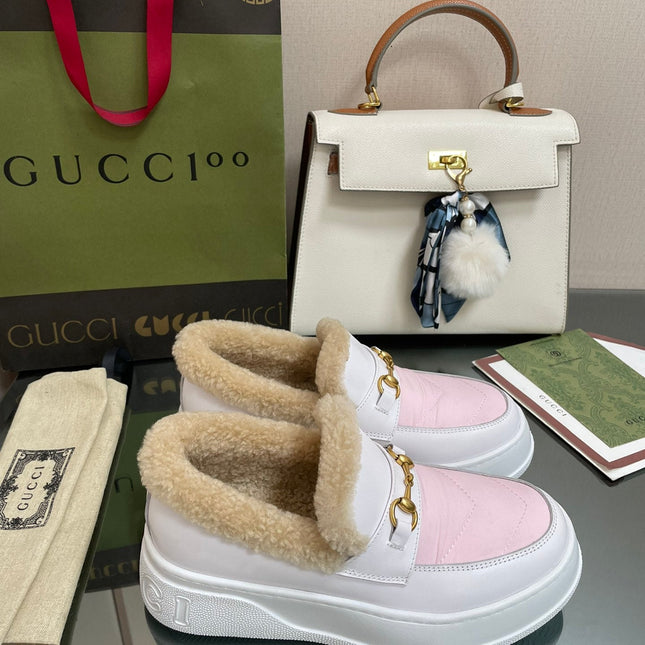 GG LOAFER IN WHITE MIX LIGHT PINK CALFSKIN WITH BEIGE WOOL LINING