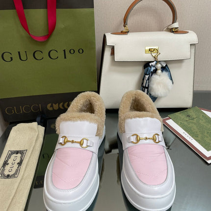 GG LOAFER IN WHITE MIX LIGHT PINK CALFSKIN WITH BEIGE WOOL LINING