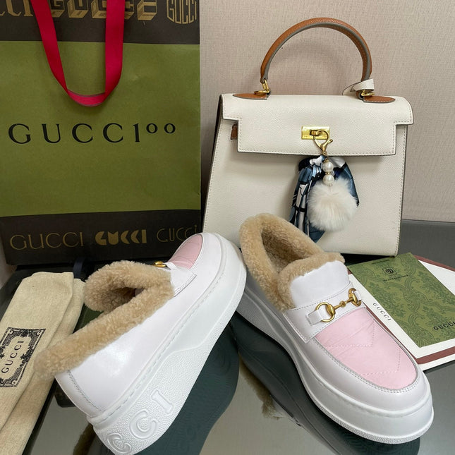 GG LOAFER IN WHITE MIX LIGHT PINK CALFSKIN WITH BEIGE WOOL LINING