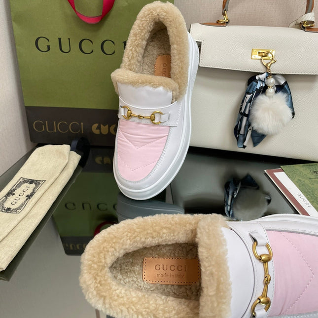 GG LOAFER IN WHITE MIX LIGHT PINK CALFSKIN WITH BEIGE WOOL LINING